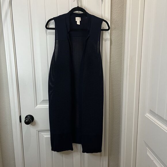 Chicos Size 2 Navy Blue Knit Ribbed Sleeveless Duster Open Front Kimono Top L - Picture 3 of 10